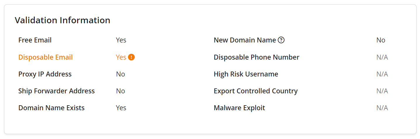 Disposable email validation result in the Validation Section
