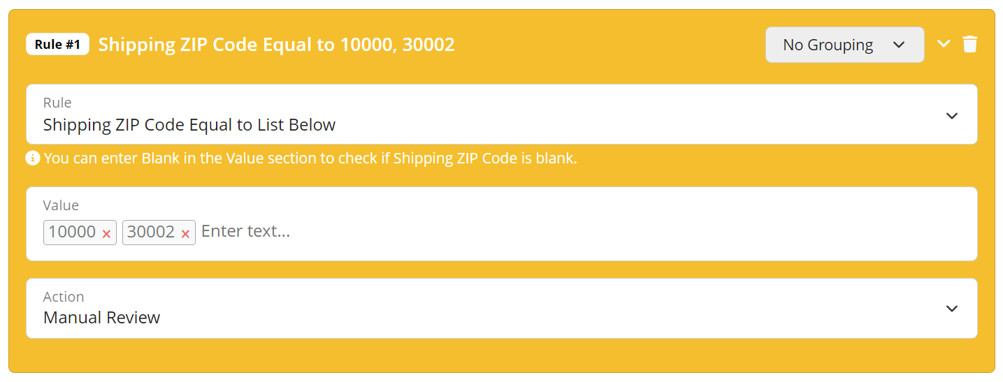 Shipping ZIP code equal to list below fraud validation rule