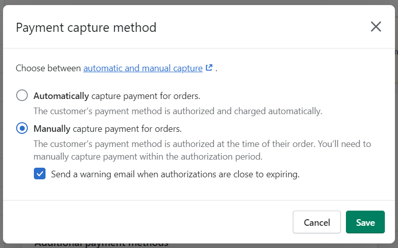 shopify payment capture option