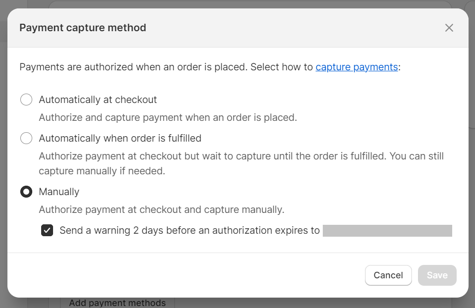 Shopify payment capture method