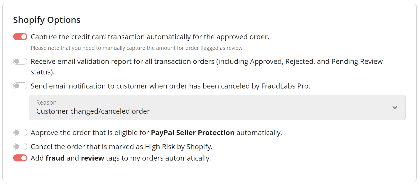 FraudLabs Pro Shopify Options