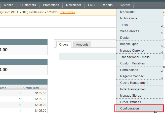 Navigate to system configuration in Magento