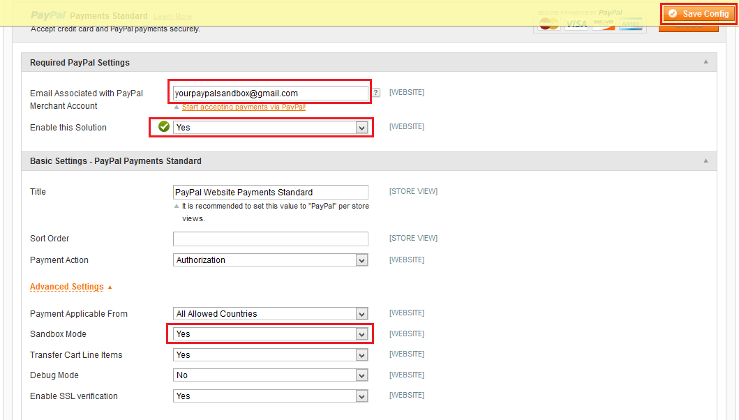 Configure the PayPal Sandbox settings in Magento