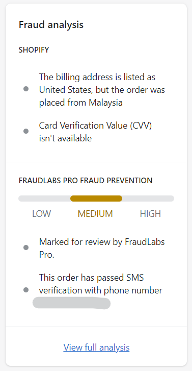Shopify Fraud Analysis section with FraudLabs Pro fraud analysis
