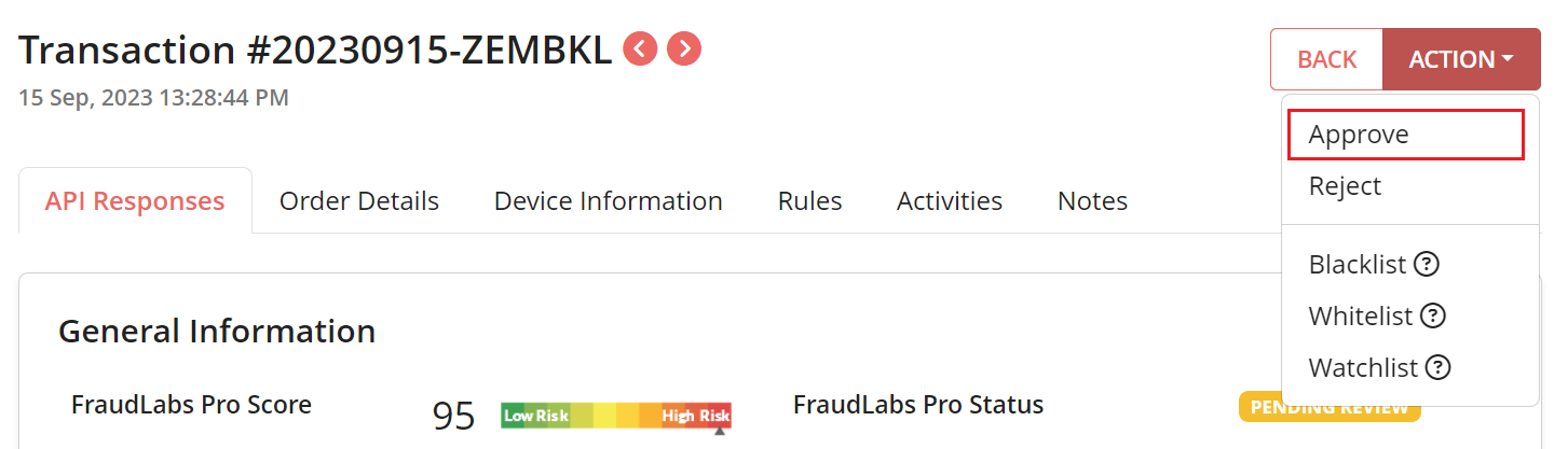 Approve Order in FraudLabs Pro Transaction Details Page
