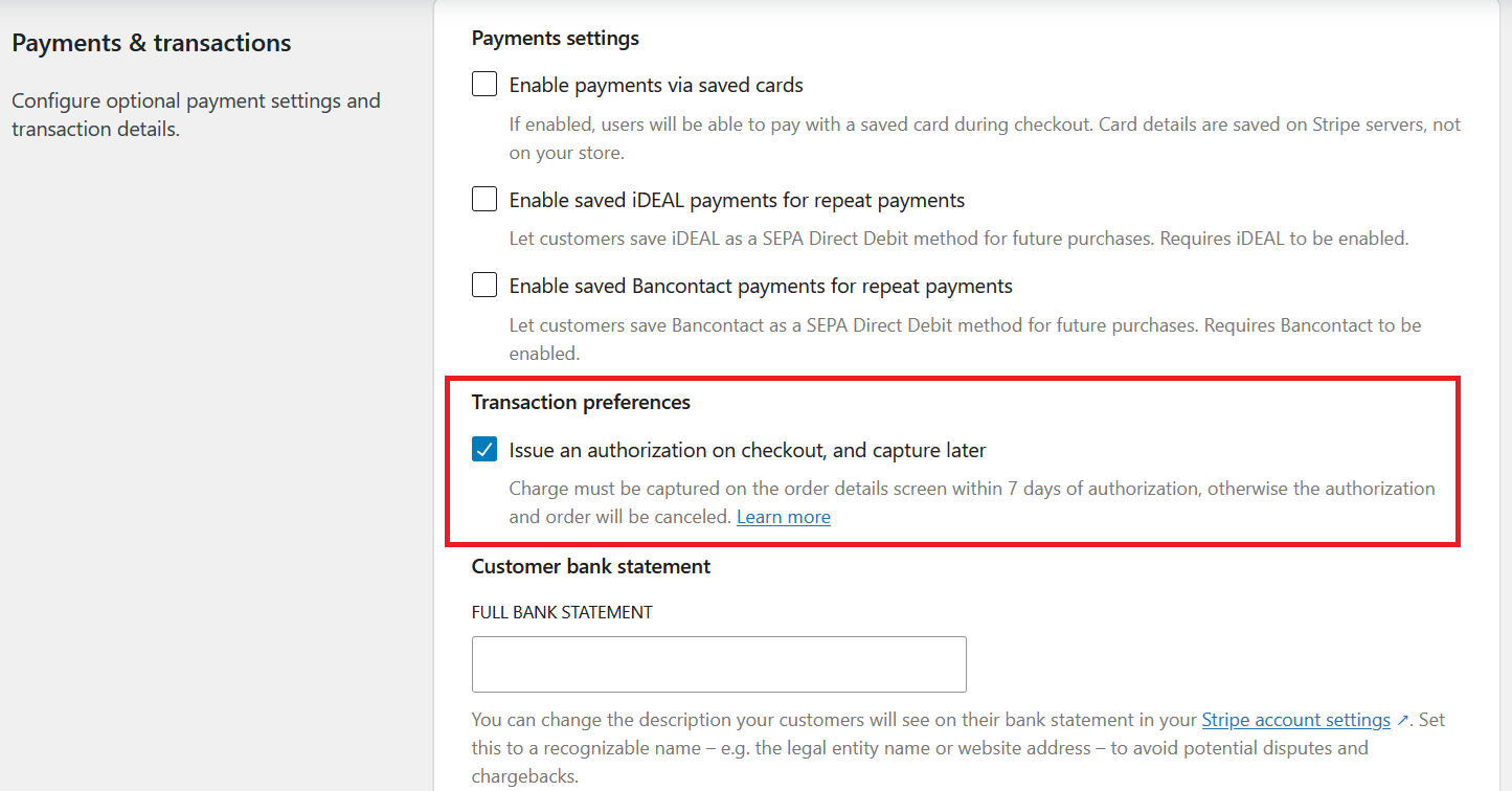 Settings of Stripe payment
