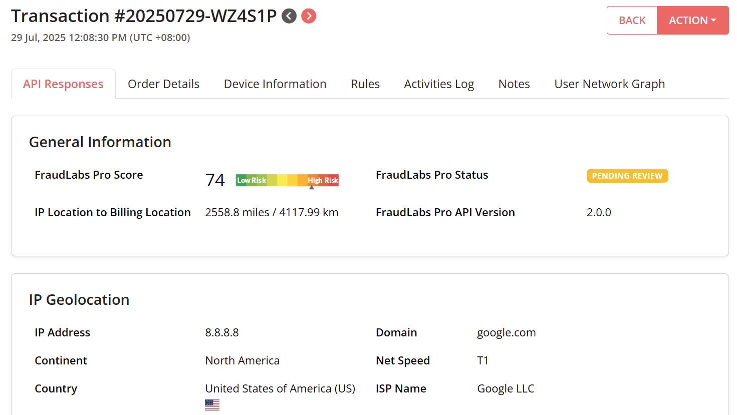 FraudLabs Pro Transaction Details