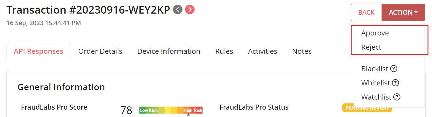Action Menu in Transaction Details page