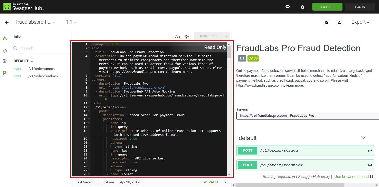 FraudLabs Pro Fraud Detection API Swagger page