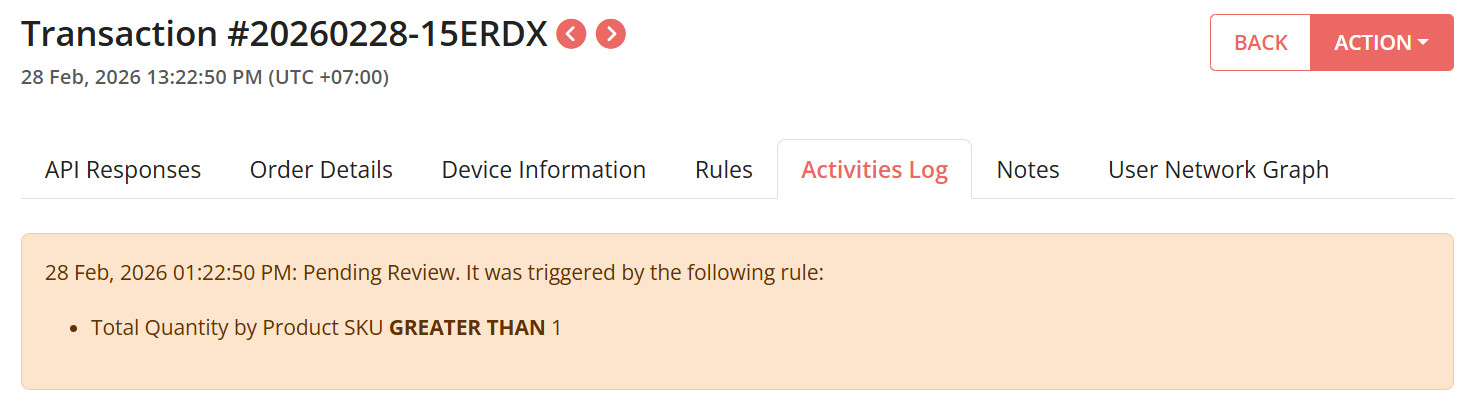 Rule Activity Log for SKU Quantity Validation Rule