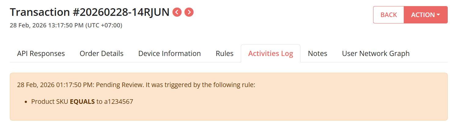 Rule Activity Log for Product SKU Validation Rule