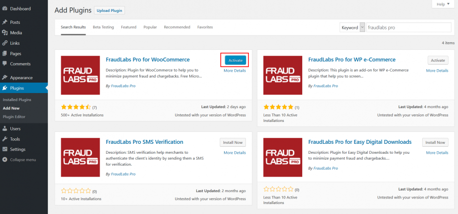 Activate FraudLabs Pro Woocommerce plugin
