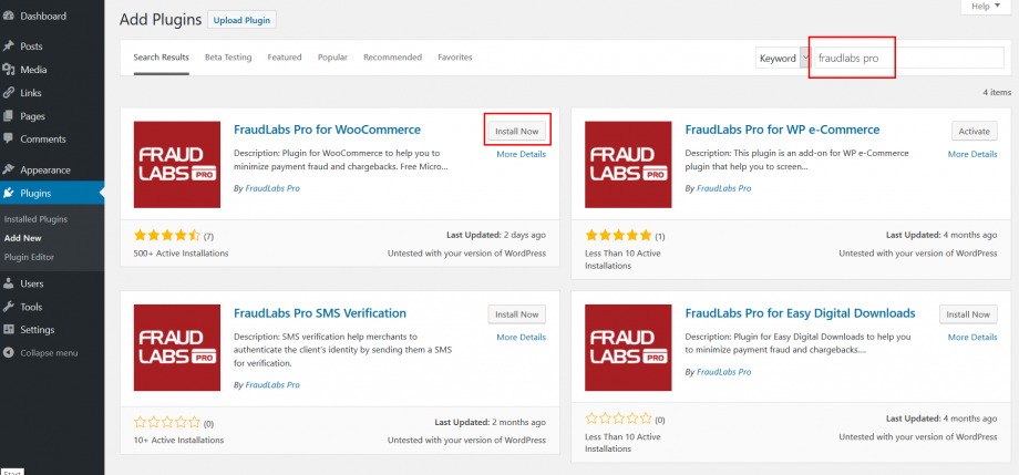 Search for FraudLabs Pro WooCommerce plugin