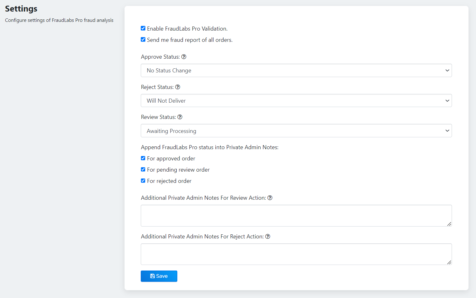 Configure FraudLabs Pro Fraud Prevention App Settings