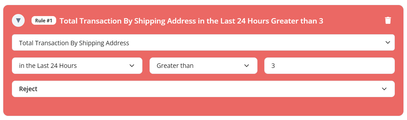 Total Transaction By Shipping Address Within The Last 24 Hours Greater Than Custom Value Rule
