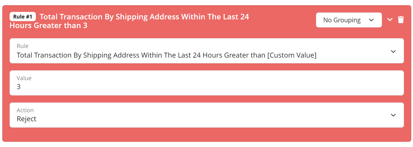 Total Transaction By Shipping Address Within The Last 24 Hours Greater Than Custom Value Rule