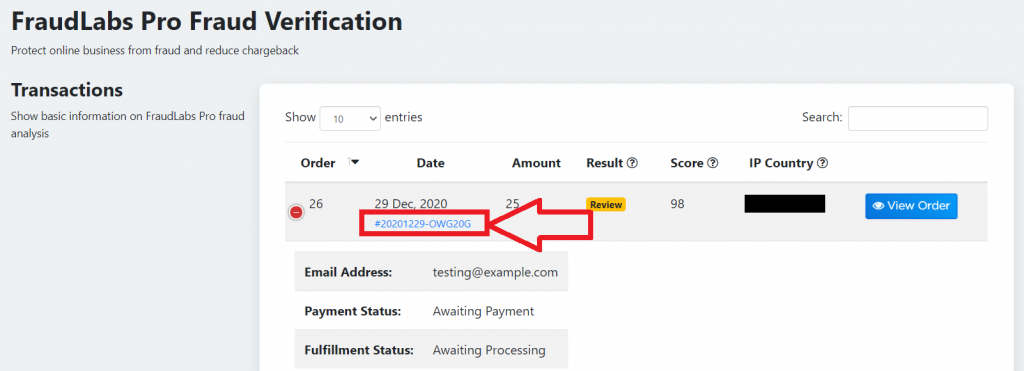 FraudLabas Pro Ecwid Transactions Detail