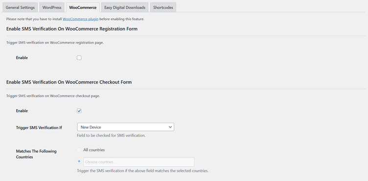 Settings of SMS Verification for New Device on WooCommerce