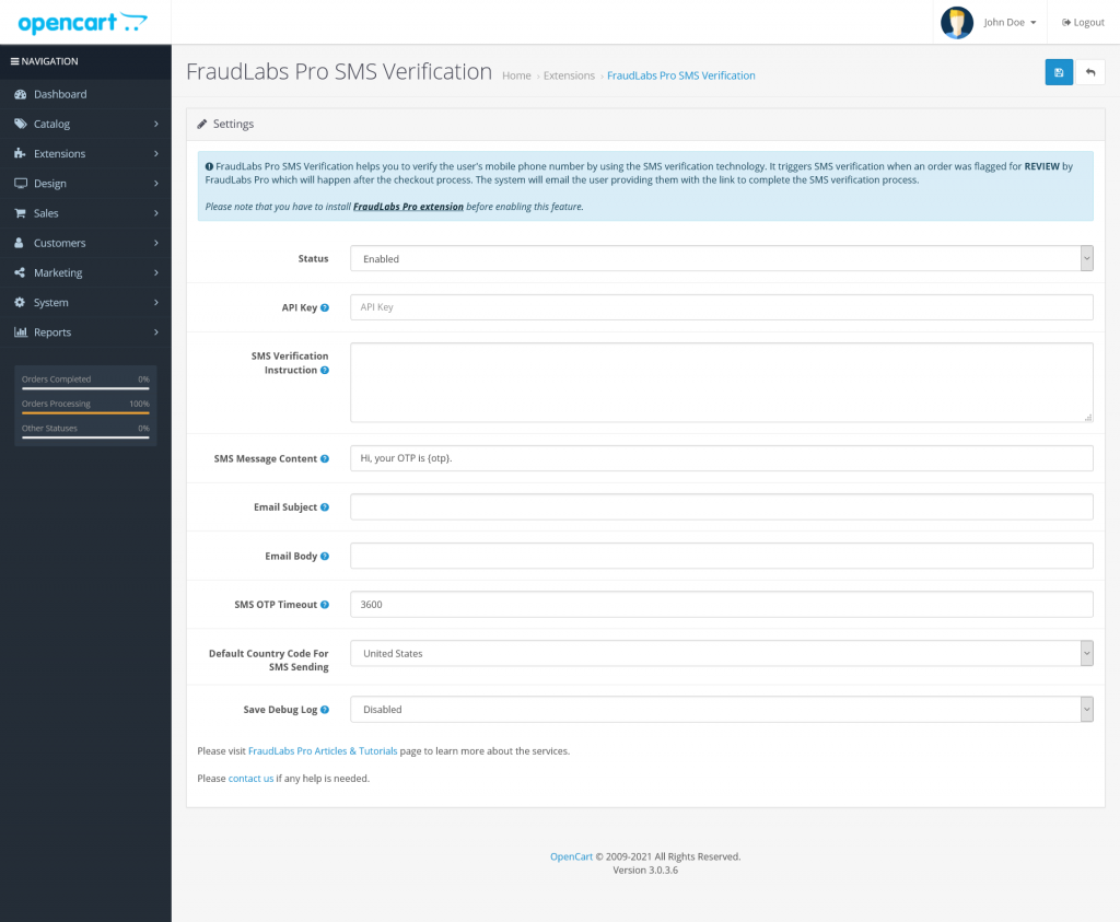 Settings page of FraudLabs Pro SMS Verification