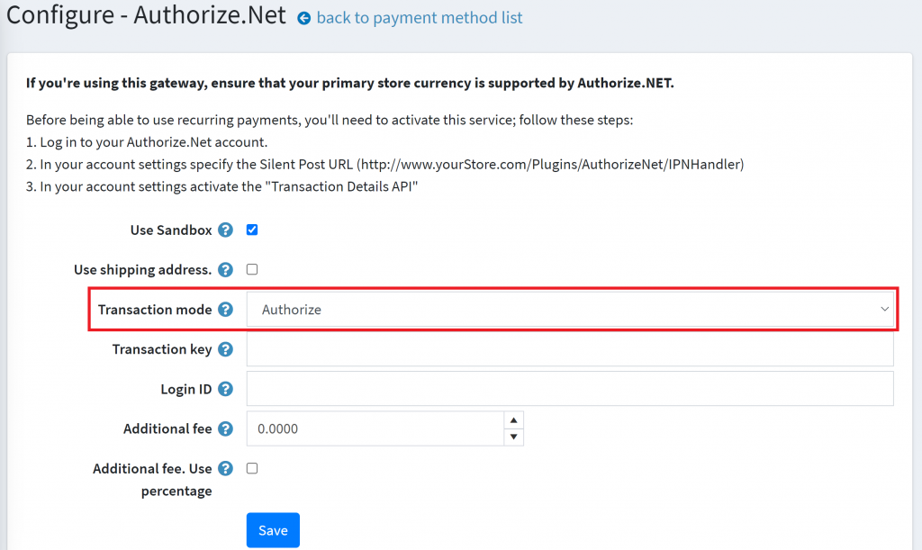 nopCommerce Authoriz.Net Payment Module Settings Page