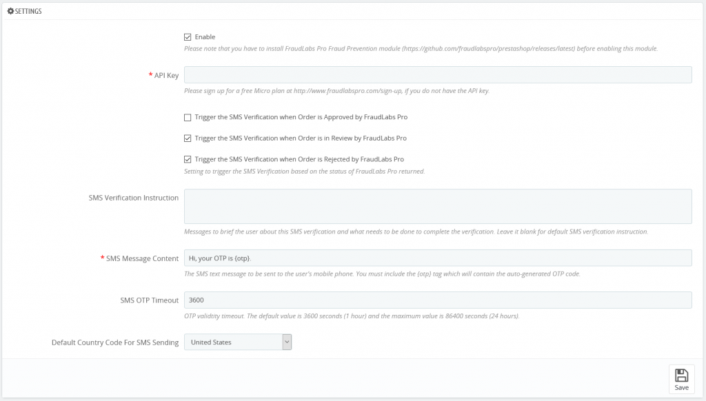 FraudLabs Pro SMS Verification Settings page in PrestaShop