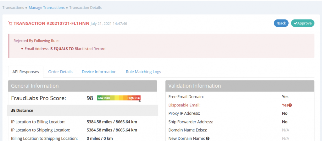 FraudLabs Pro merchant area transaction details