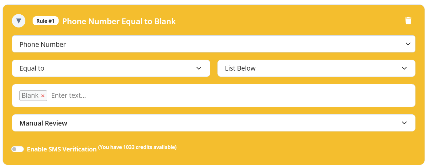 phone number equal to blank rule