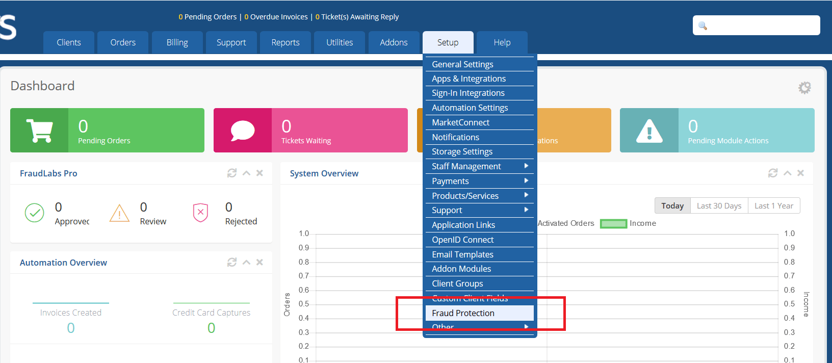 Fraud Protection option in WHMCS admin page menu
