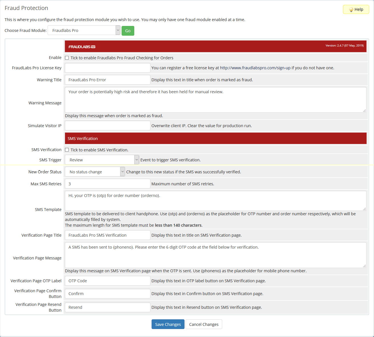 FraudLabs Pro WHMCS Module Setting Page