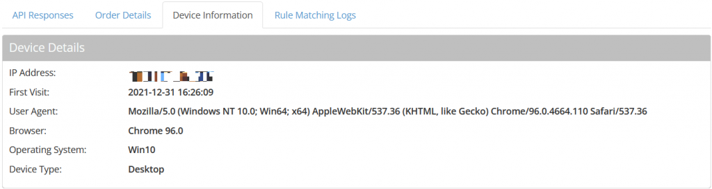 Device information in FraudLabs Pro transaction details page