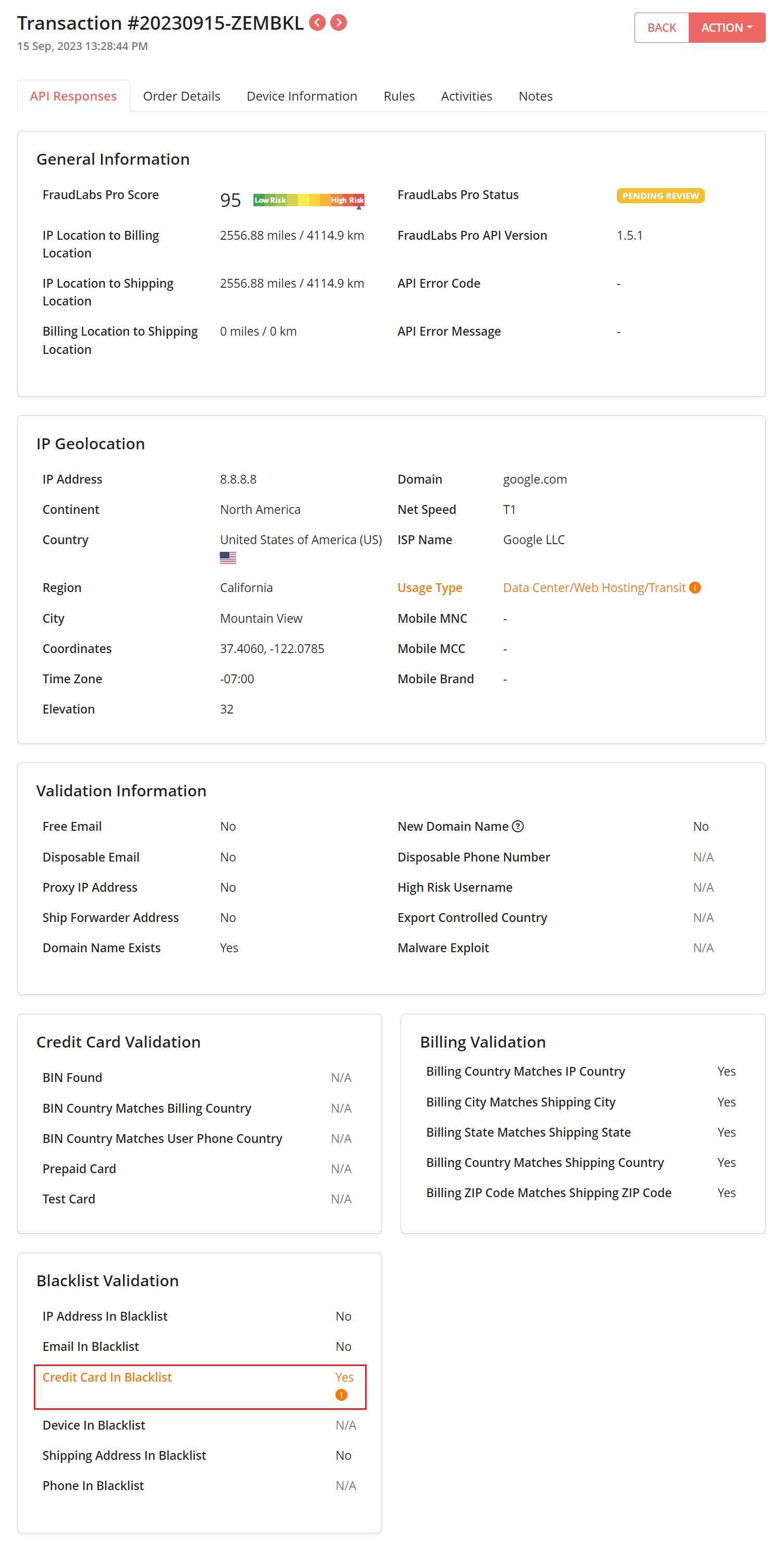 Credit card in blacklist shown in transaction details