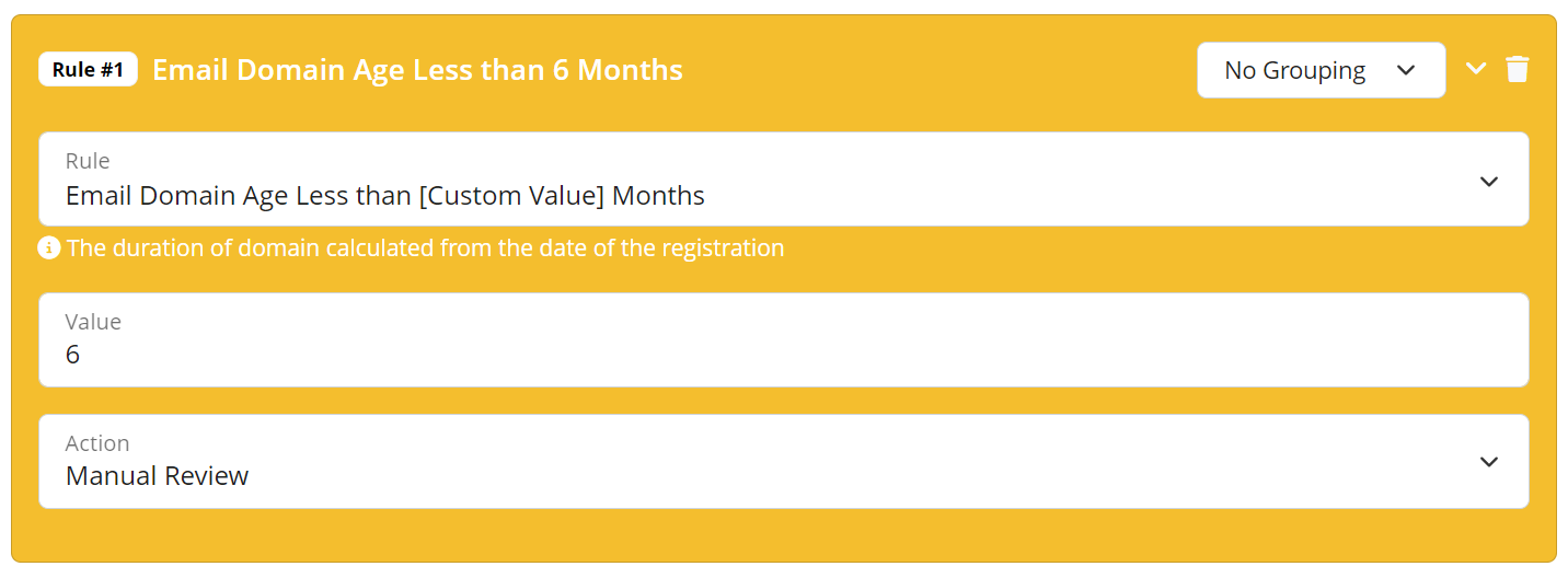 Email domain age validation rule creation