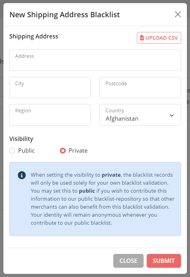 New Shipping Address Blacklist Settings Box