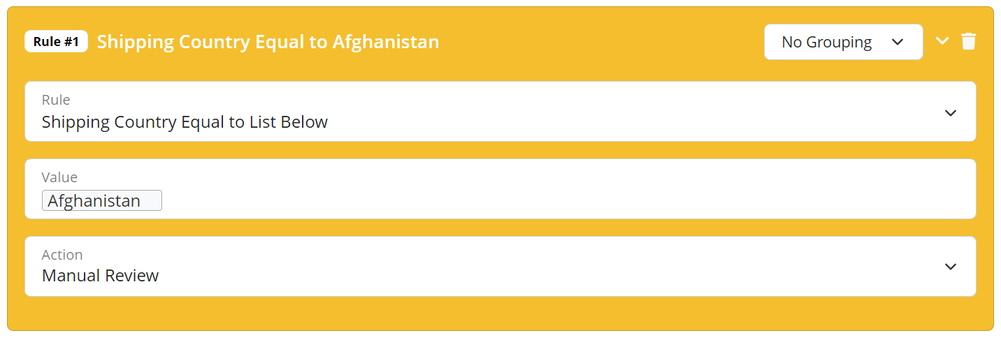 Billing or shipping country list fraud validation rule