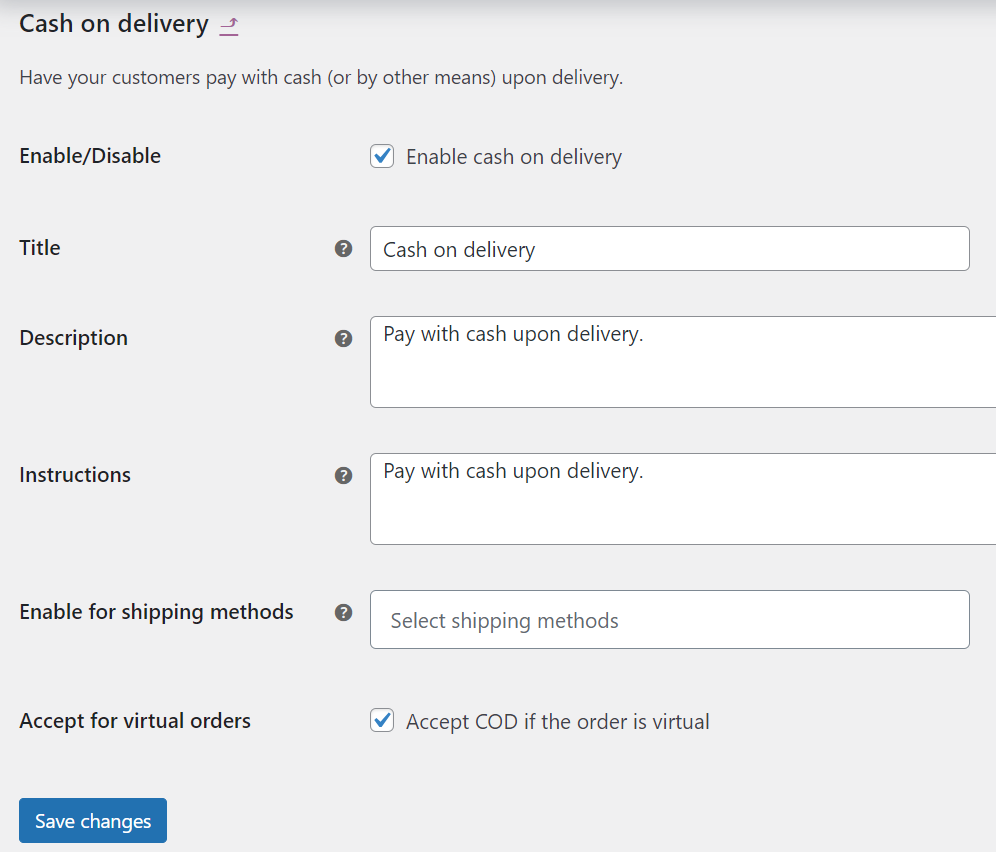 Cash on delivery settings configuration