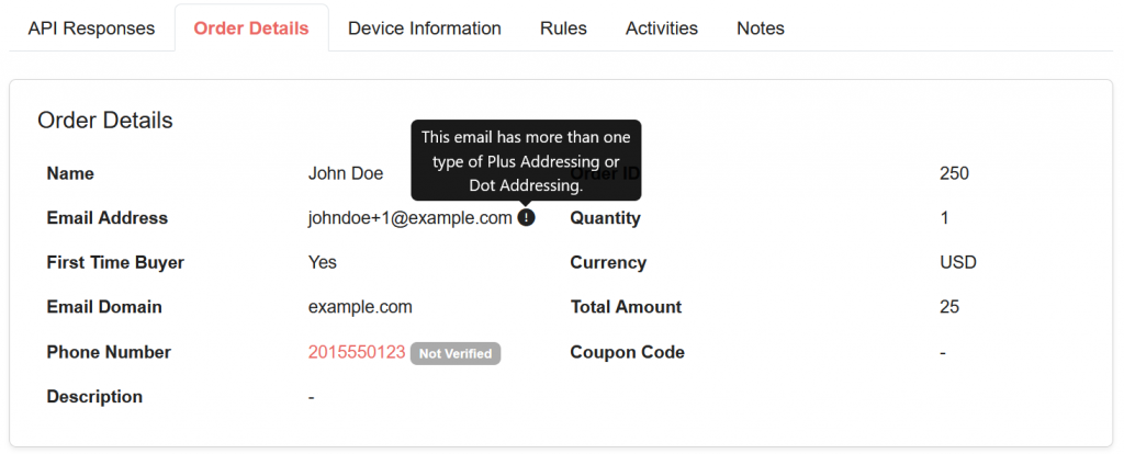 Warning message shown in the transaction page about the Plus Addressing or Dot Addressing detected