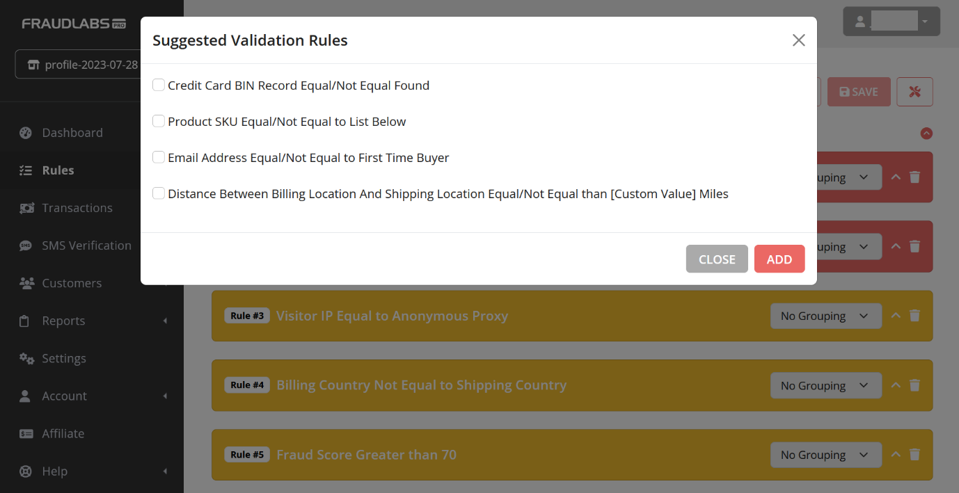 Example of Suggested Validation Rules to the merchants