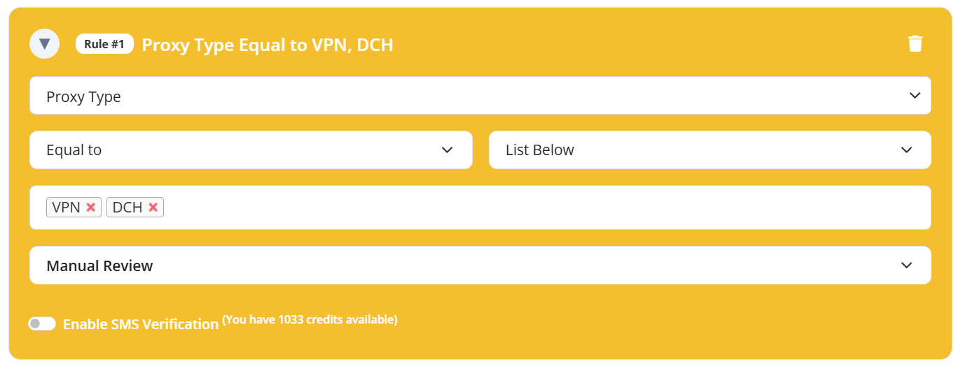 Example of Proxy Type Validation Rule setup in FraudLabs Pro Rule Management page