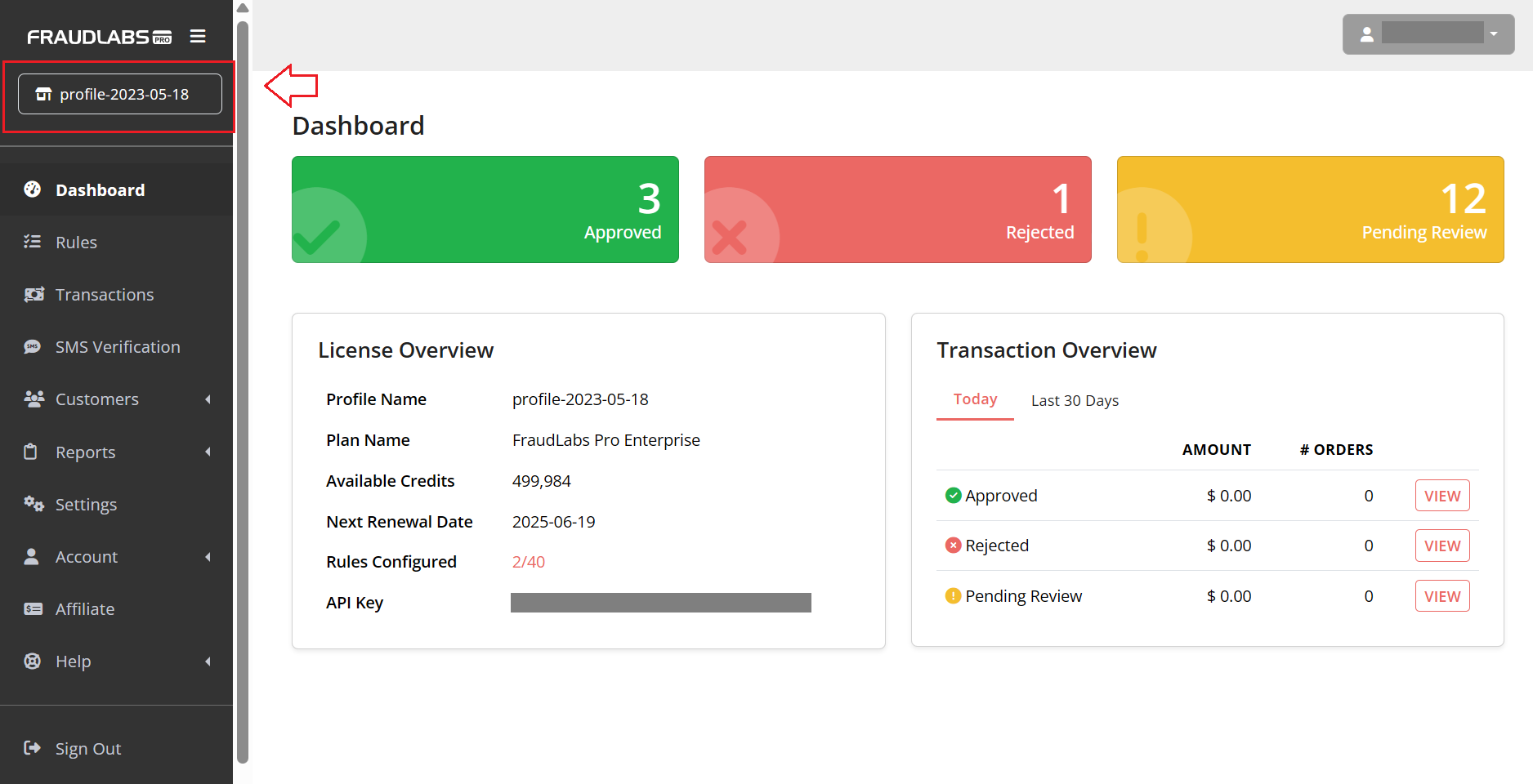 Sandbox profile in FraudLabs Pro Merchant Area