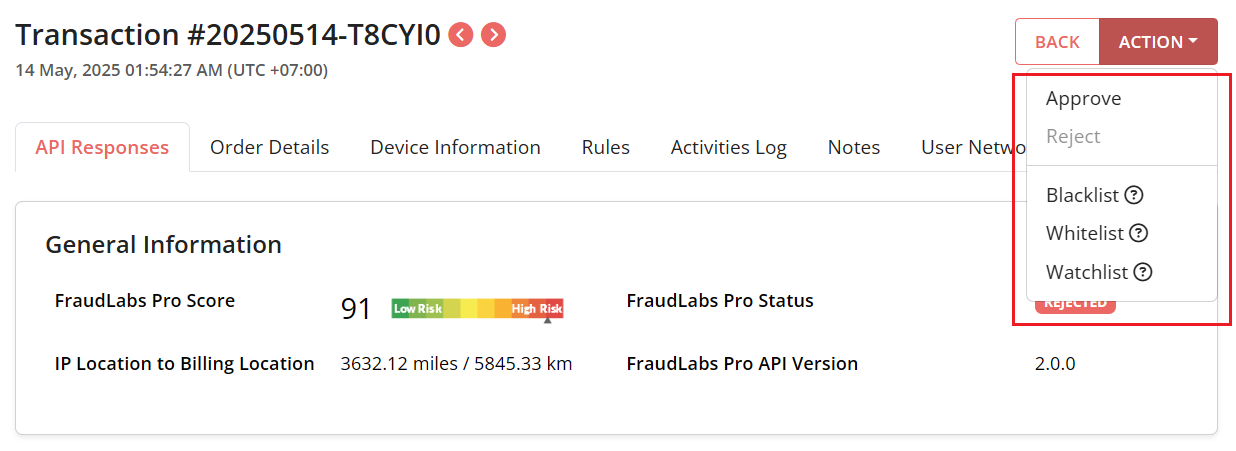 Take action after review FraudLabs Pro order