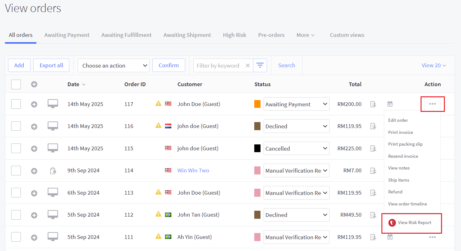 BigCommerce Orders page