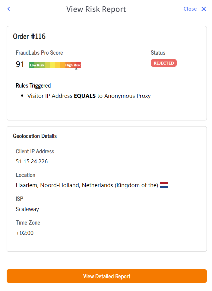 Summary of fraud risk report by FraudLabs Pro in BigCommerce