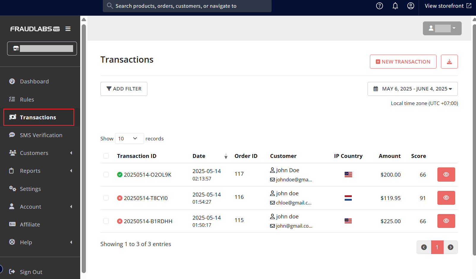 FraudLabs Pro Transactions page