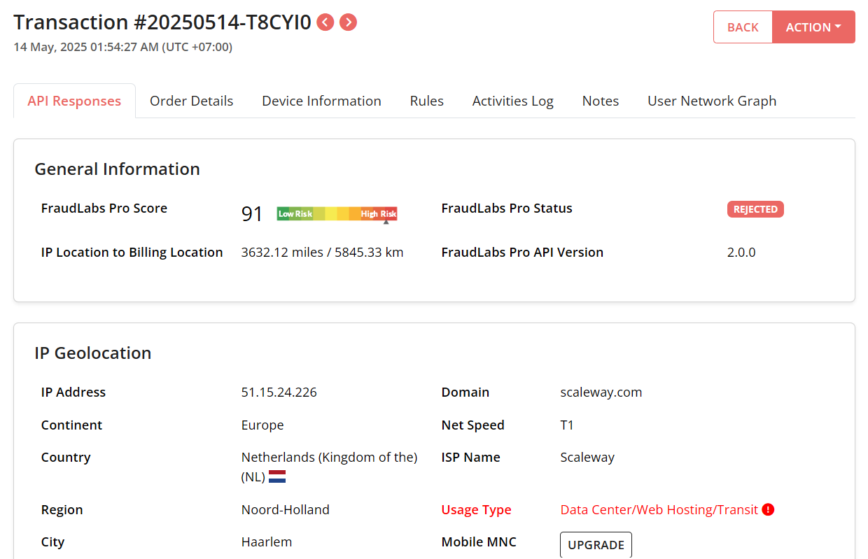 FraudLabs Pro Transactions Details page