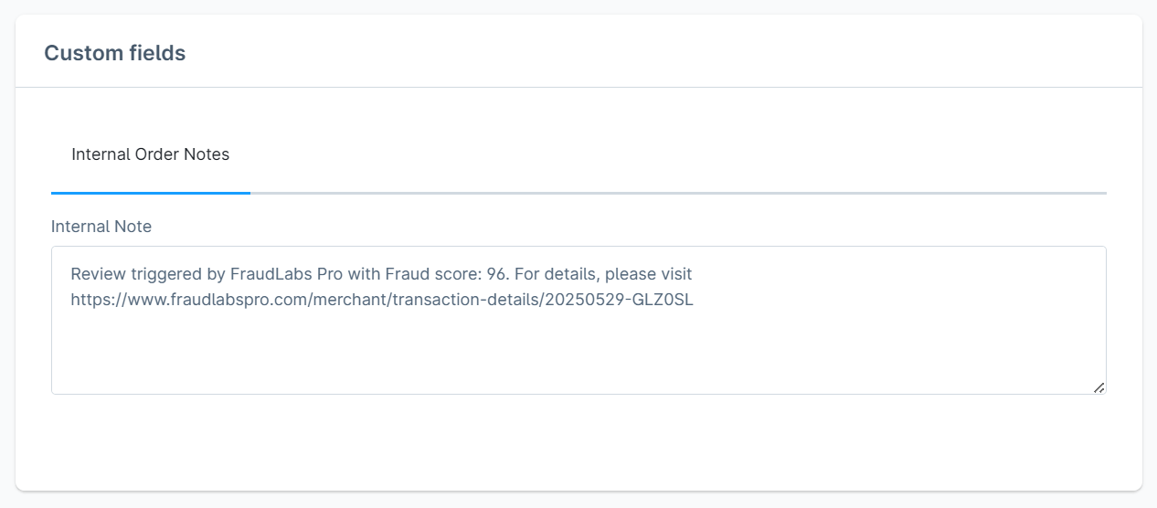 Internal note about orders placed in Shopware
