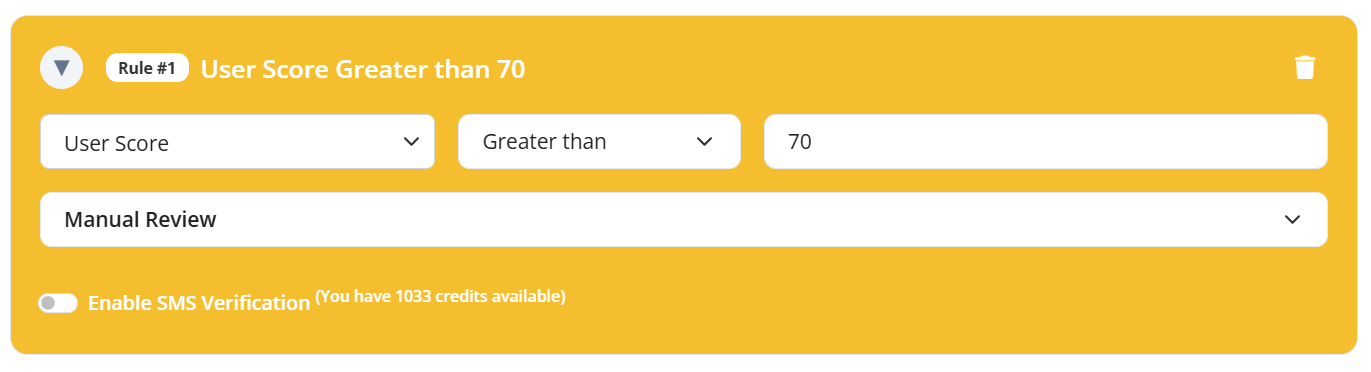 Example of User Score Greater Than threshold Validation Rule Configuration