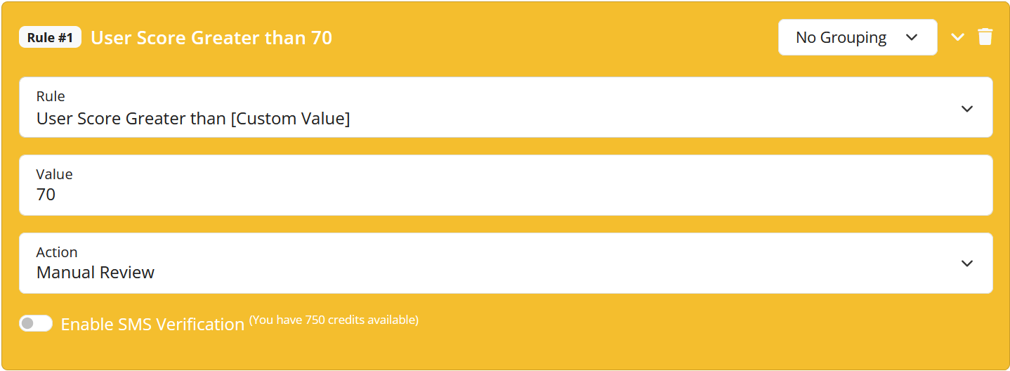 Example of User Score Greater Than threshold Validation Rule Configuration
