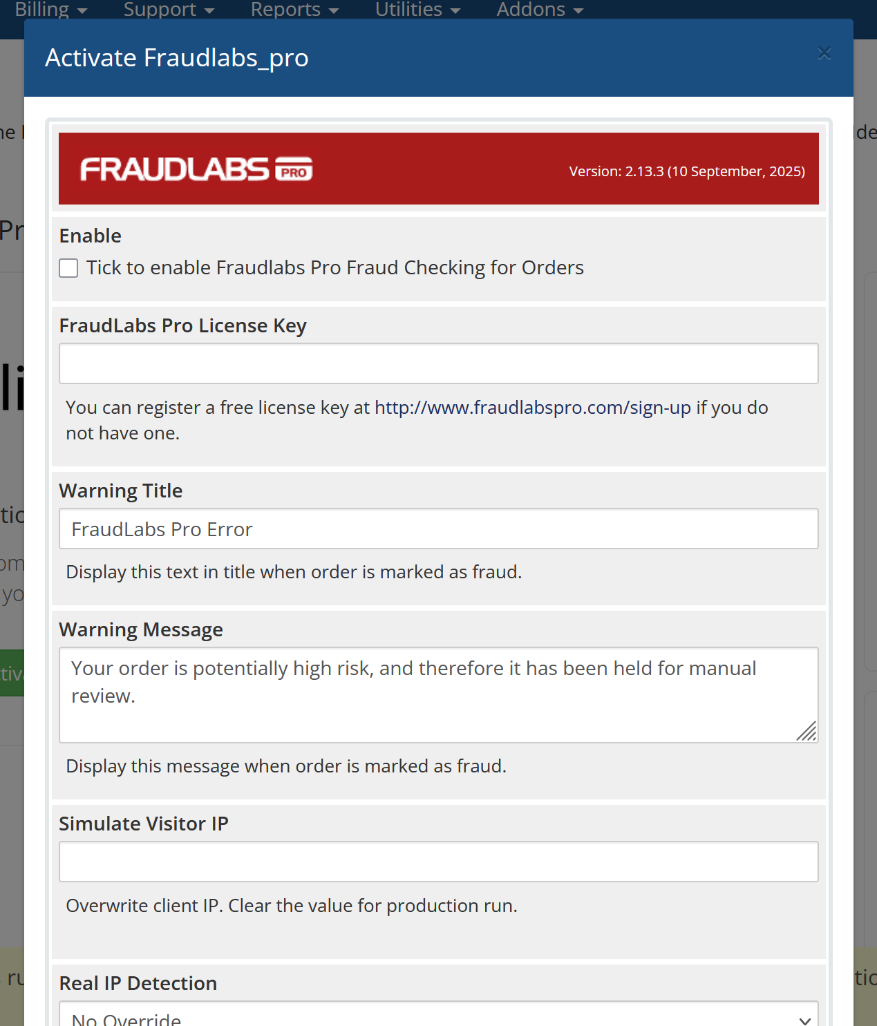 Configure FraudLabs Pro WHMCS module