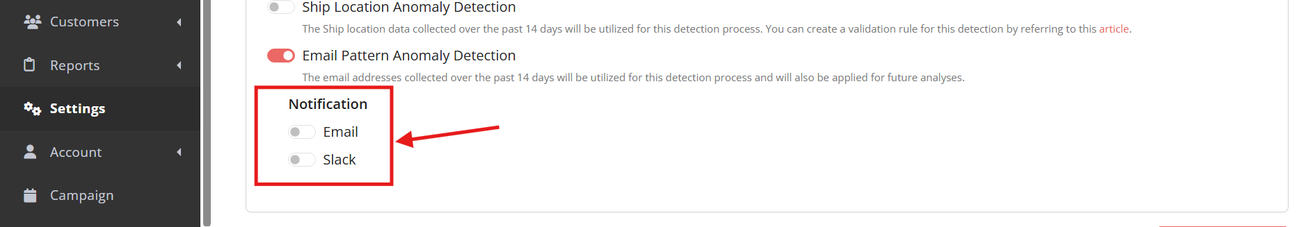 Notification in Settings Page