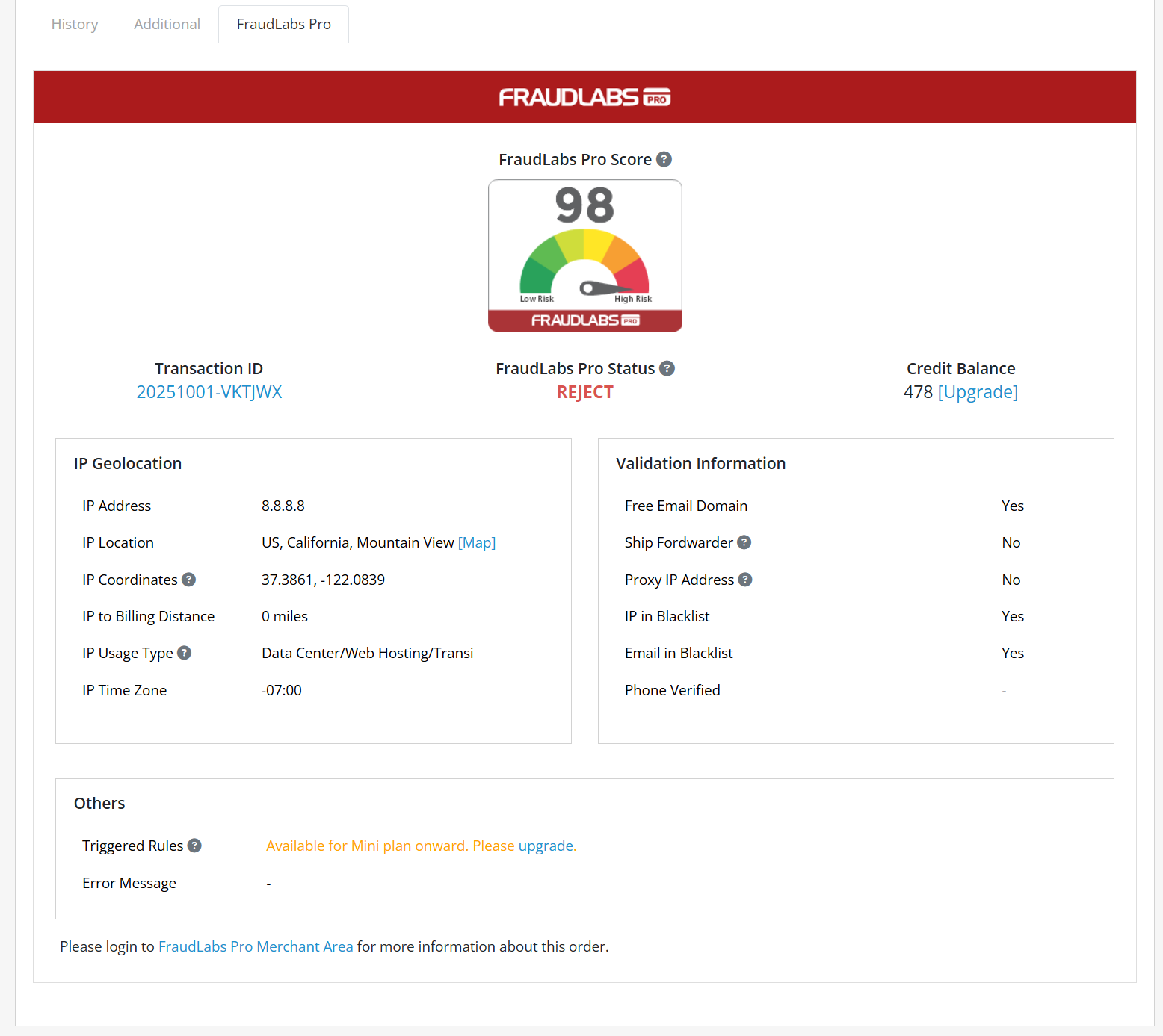 FraudLabs Pro Result on OpenCart